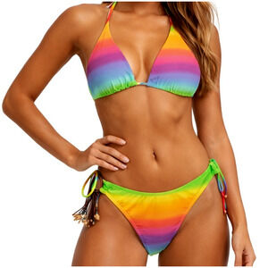 Cia Maritima Bikini Swimsuit Womens Large 42 Rainbow Reversible Beaded Brazil